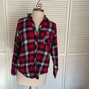 Aerie flannel plaid shirt button front red navy white XS